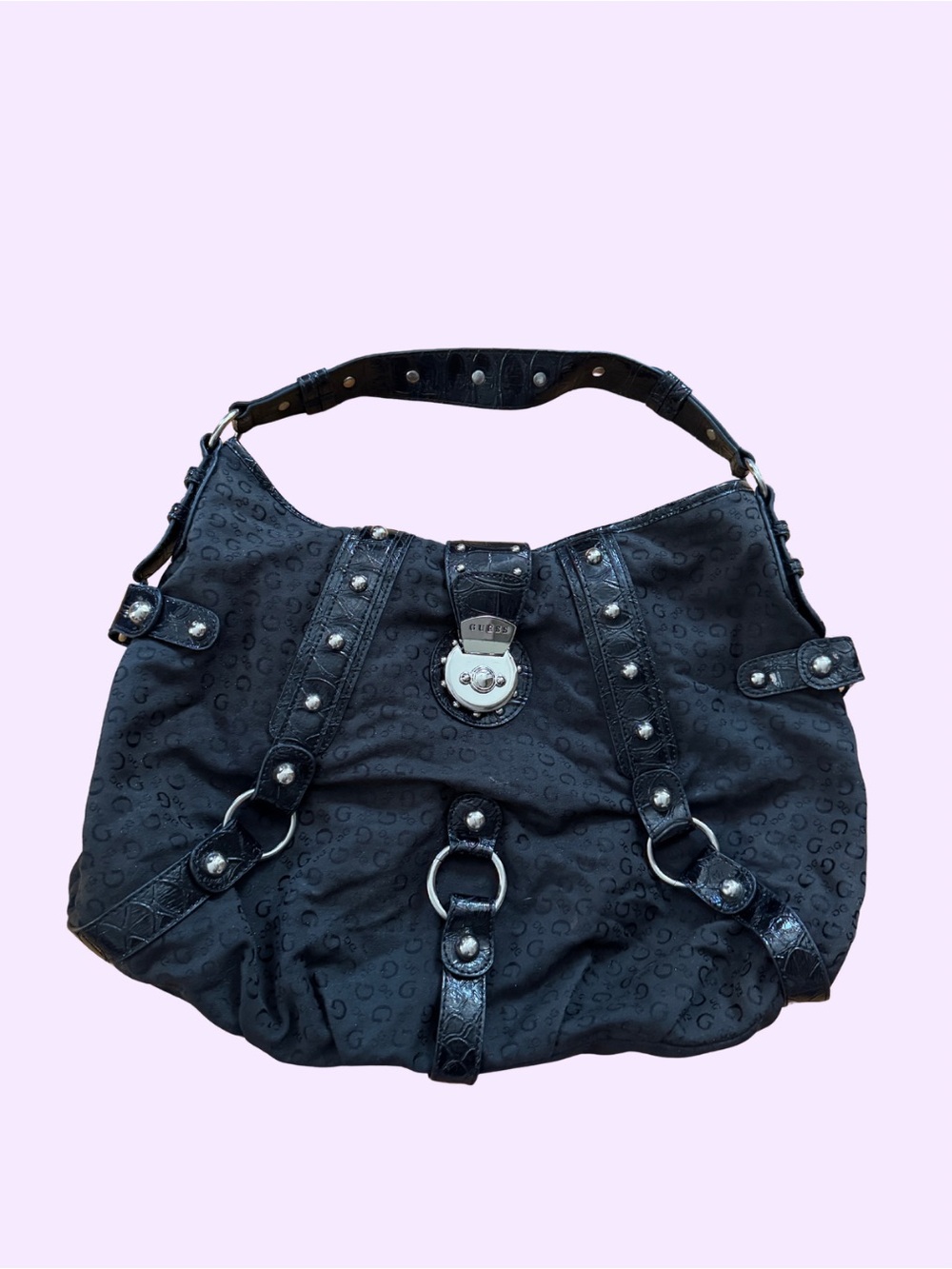 Large Black Studded Guess Shoulder Bag